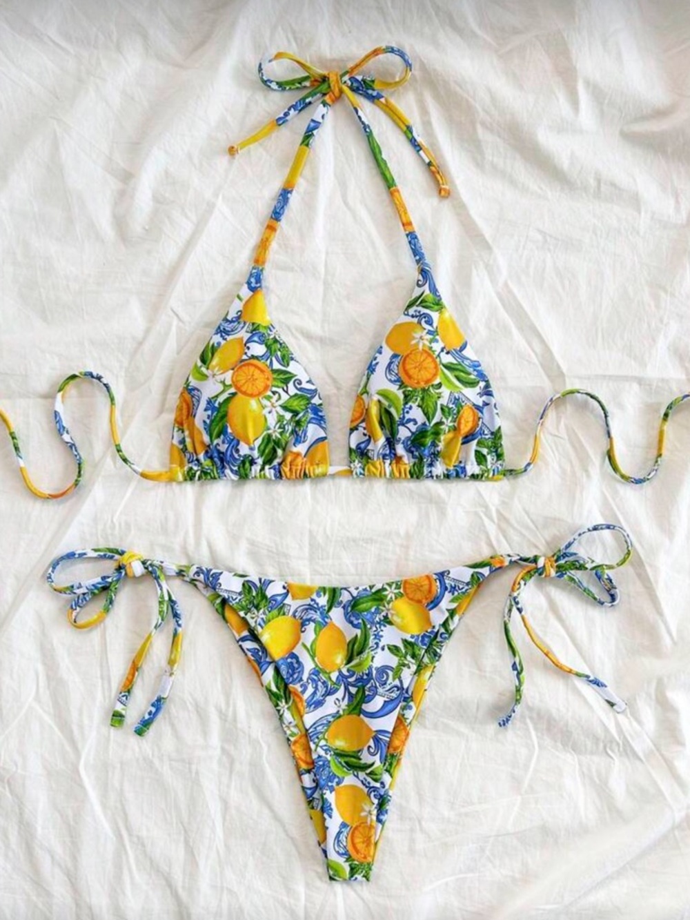 Lemon print two piece bikini set swimsuit European vacation preppy white yellow